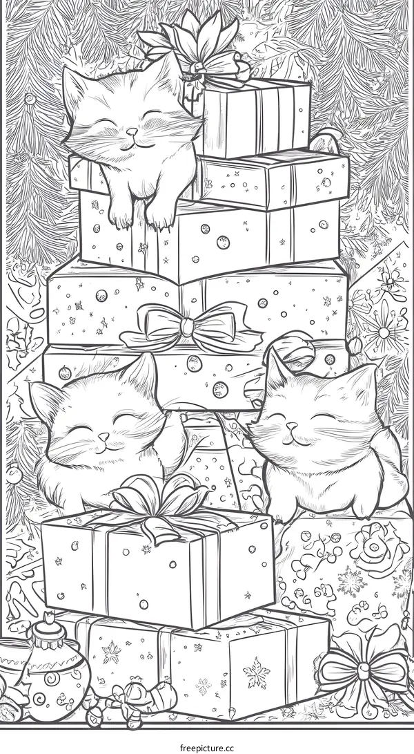 Three Cute Kittens Sleeping On Christmas Presents Under A Christmas Tree