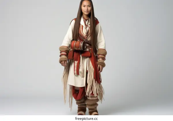 portrait of a young woman in traditional evenki clothing