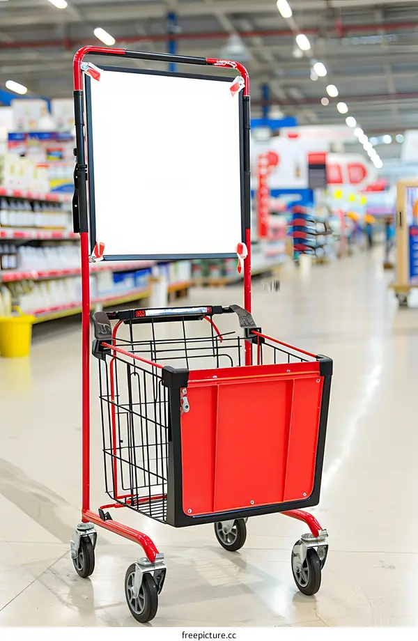 Red Shopping Cart With Blank Sign in Supermarket