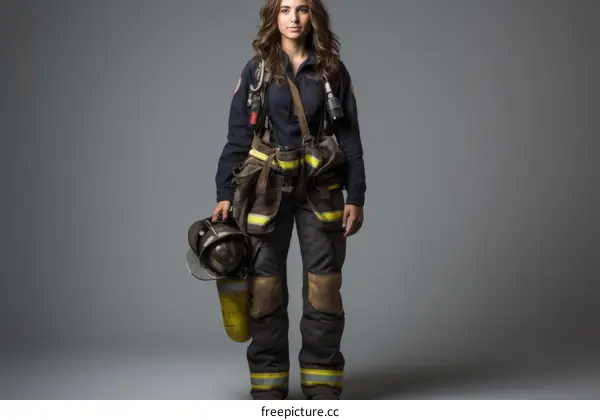 Studio portrait of a young female firefighter in uniform