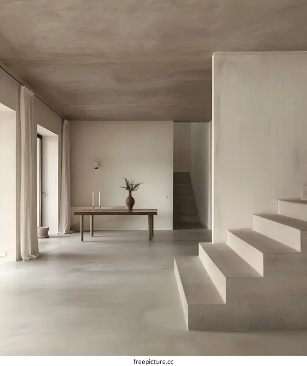 Minimalist Modern Interior Design with Concrete Stairs and Wooden Table