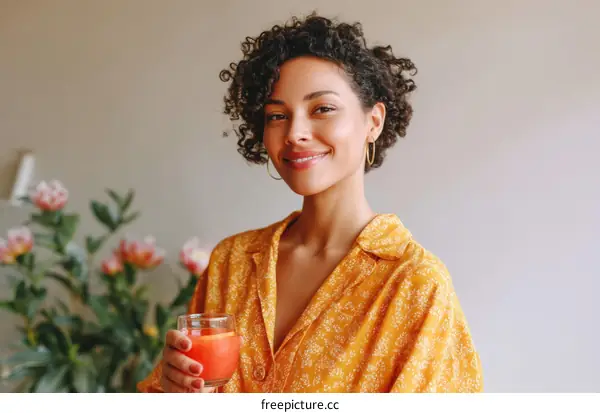 Smiling Woman Holding a Juice Drink