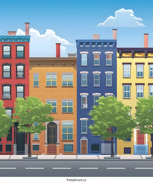 Colorful Row Houses With Trees On Street In City