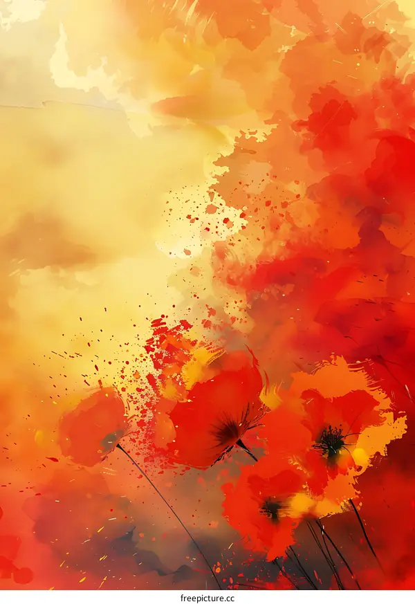 Abstract Watercolor Painting of Red Poppies