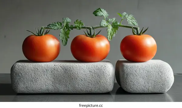 Three Tomatoes on Stone Pedestals
