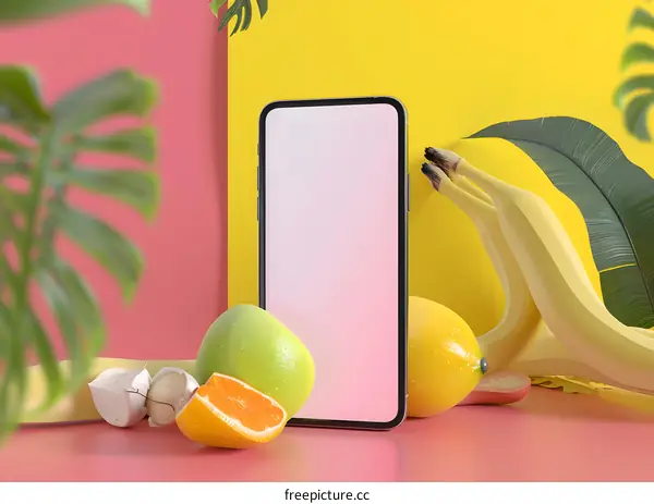 Mockup of a Smartphone with Tropical Fruits on a Pink and Yellow Background