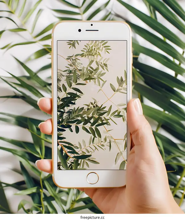 Hand Holding Smartphone with Green Leaves Wallpaper