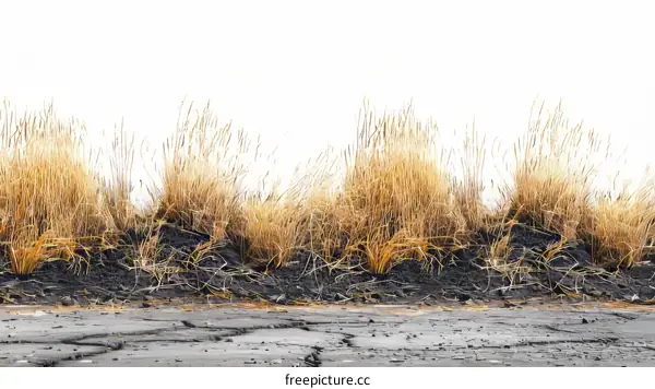 Cracked Mud Flat with Dead Grass Against a White Background
