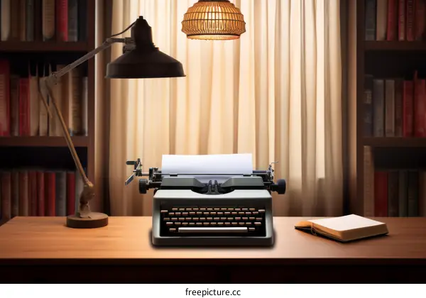 Vintage typewriter on wooden table with bookshelves and lamp