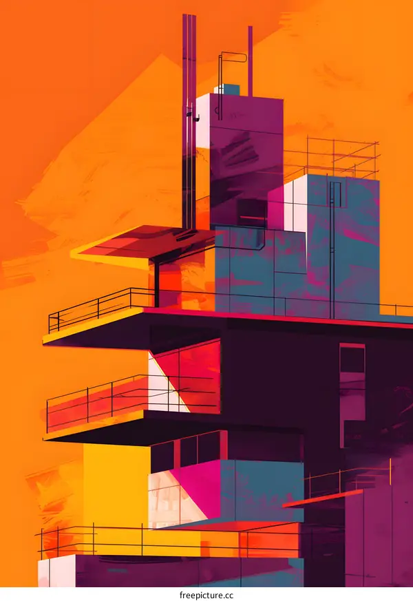 Abstract Building Illustration with Orange Background