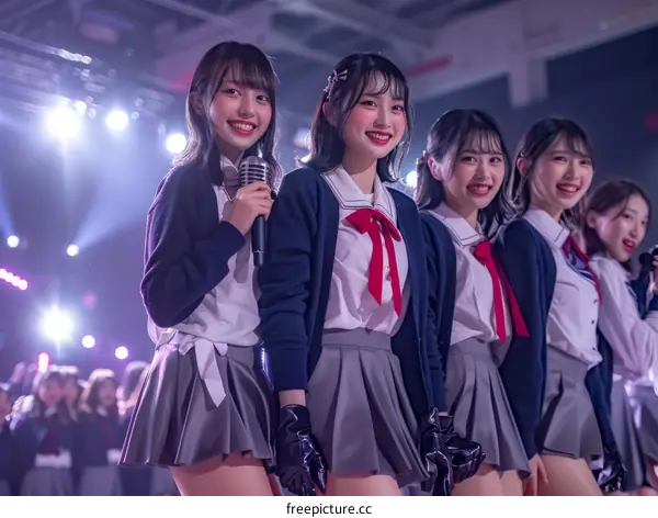 Japanese girl group AKB48 Team 8 members singing and dancing on stage