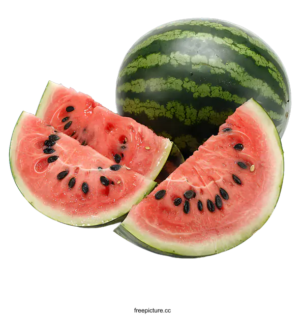 [Transparent Background PNG]A large green watermelon and three slices of watermelon