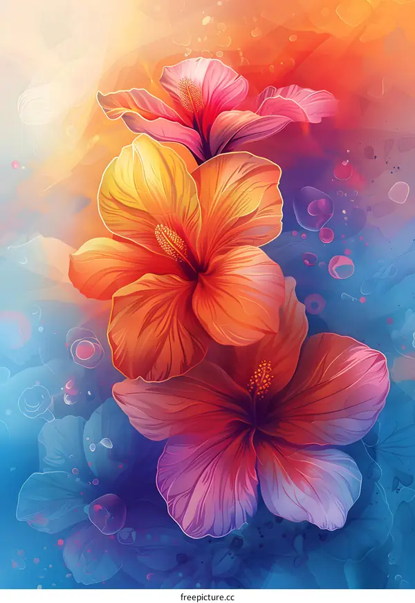 Three hibiscus flowers in a gradient background