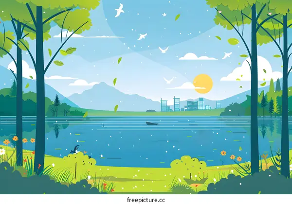 Nature Landscape Illustration With Green Trees, City Skyline, Blue Lake and Mountains