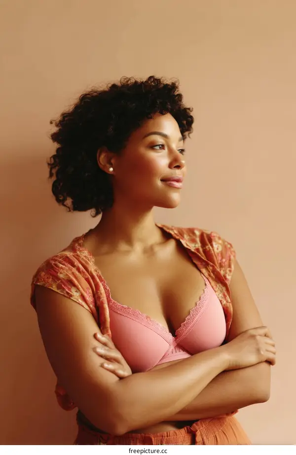 Plus Size Woman in Pink Bra Studio Shot