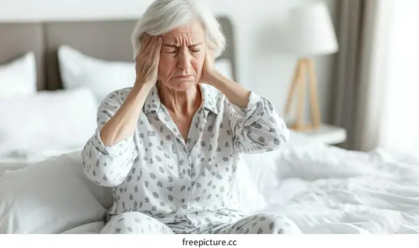 Senior Woman Experiencing Headache in Bedroom