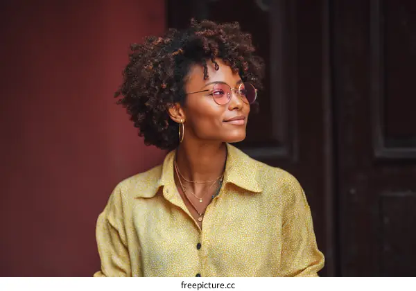 Portrait of a Woman with Curly Hair and Pink Glasses