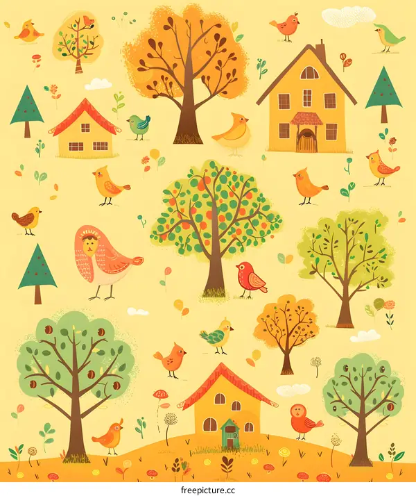 Autumn Woodland Illustration with Birds and Houses