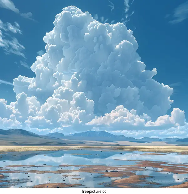A large cumulus cloud towers over a mountain range