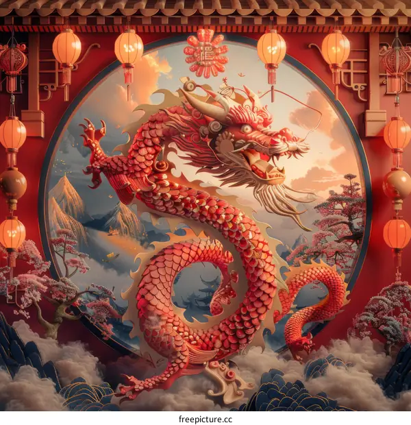 Majestic Chinese Dragon Illustration with Lanterns and Clouds