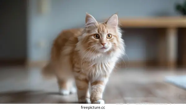Ginger Cat Walking on Wooden Floor