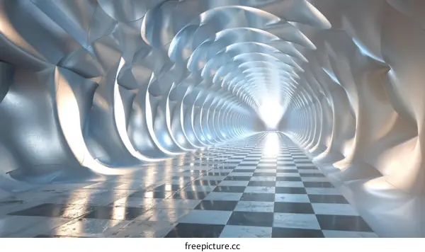 Futuristic tunnel with checkered floor