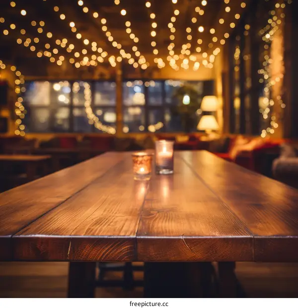 Empty wooden table in a restaurant with a warm atmosphere