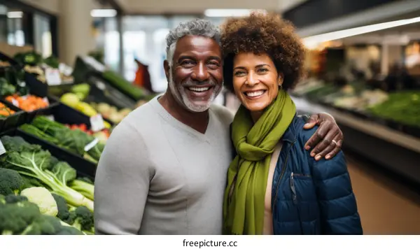 Happy senior couple grocery shopping together