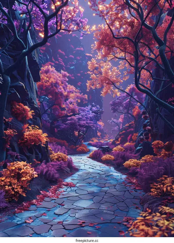 Mystical Autumn Forest Path with Stone Steps