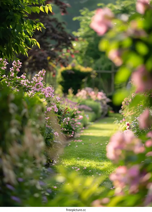 Green Grass Path Between Flowers in Garden