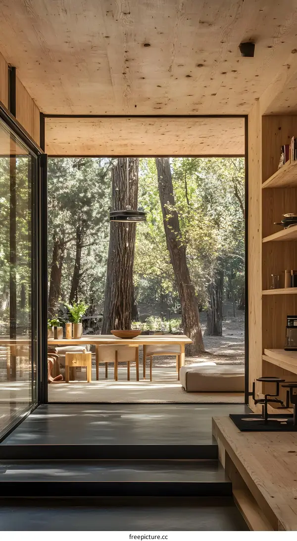 Modern Minimalist Home Interior Design with Glass Doors and Wooden Ceiling