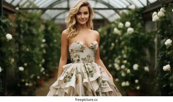 Elegant woman in a floral dress standing in a greenhouse