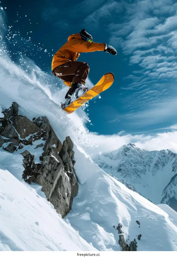 Man in orange jacket snowboarding off a cliff