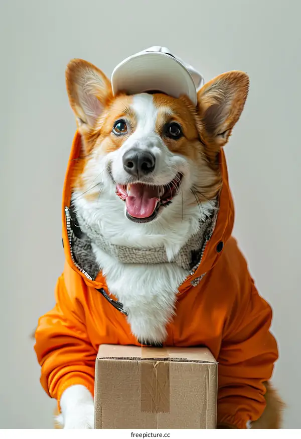 A happy corgi dog wearing an orange jacket and a white cap is sitting in front of a cardboard box