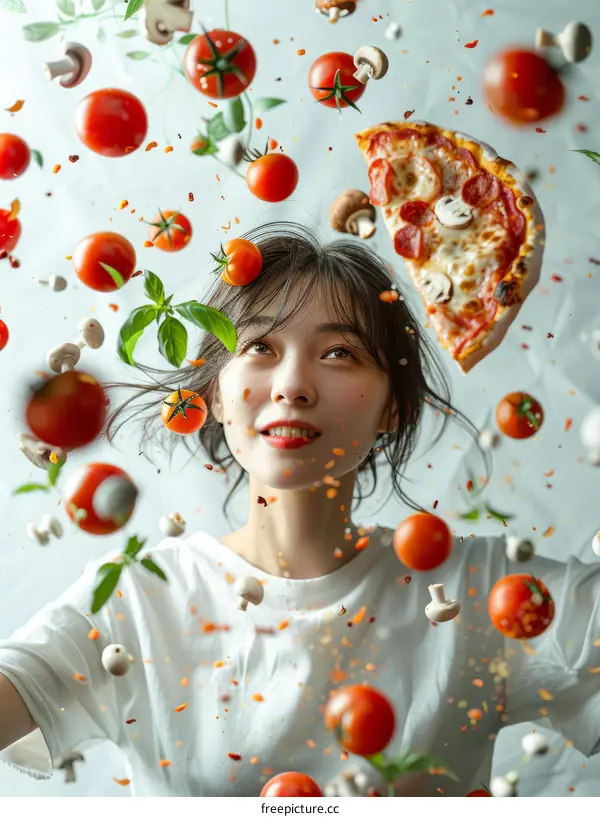 A young woman covered in pizza toppings and ingredients