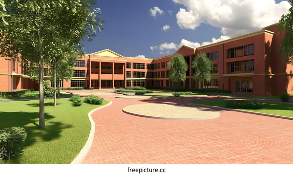 Brick Building with Green Grass and Trees