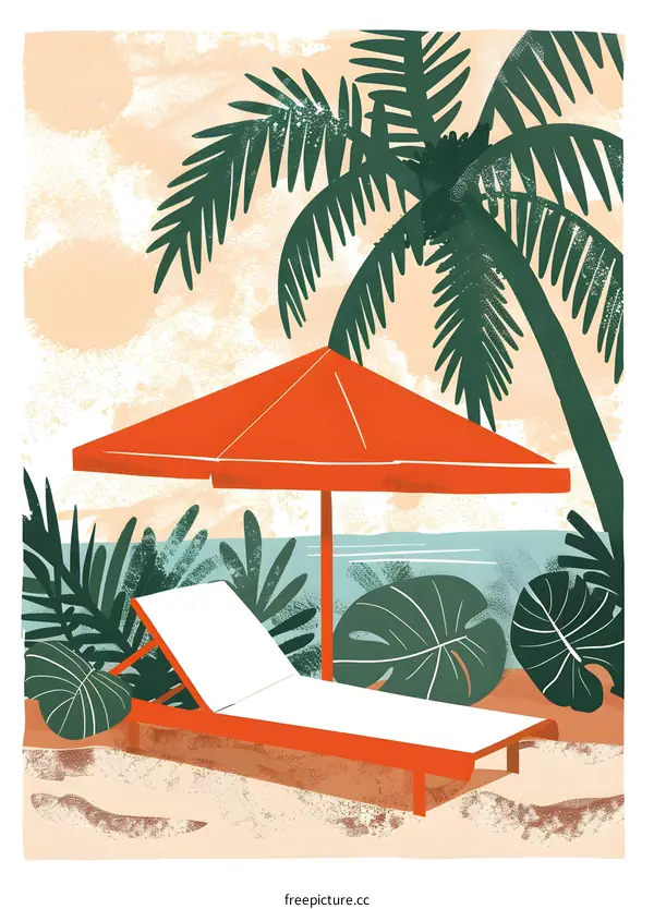 Tropical Beach Illustration with Lounger and Palm Trees
