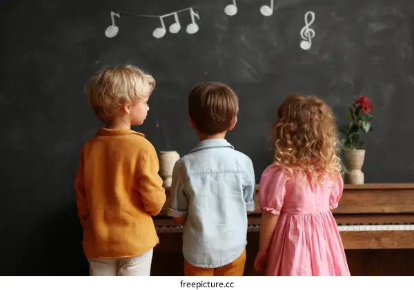 Children Learning Music at Piano