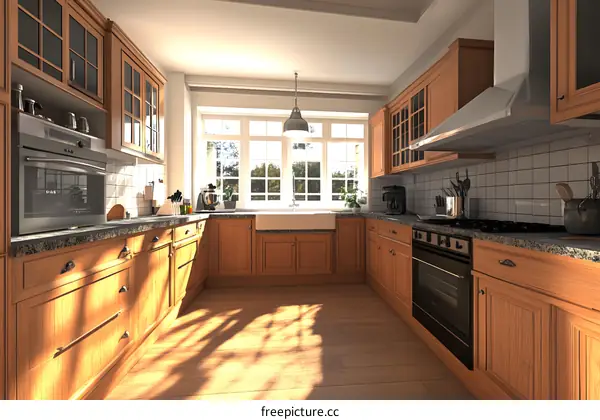 Modern Kitchen Design With Wooden Cabinets And Large Windows