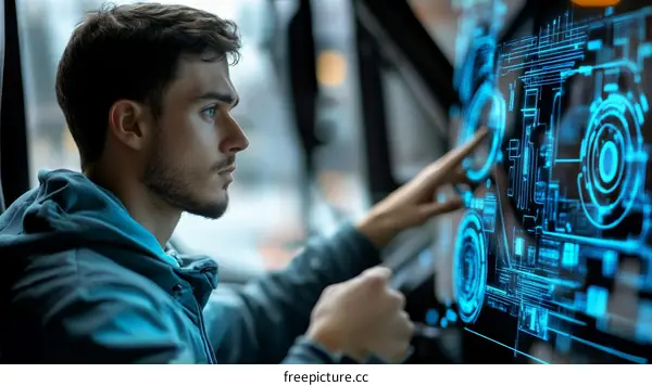 Focused Person Interacting with Futuristic Interface