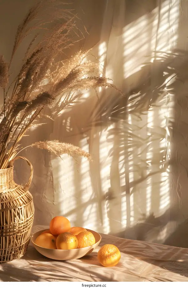 Dried Grass Vase and Oranges with Light Rays