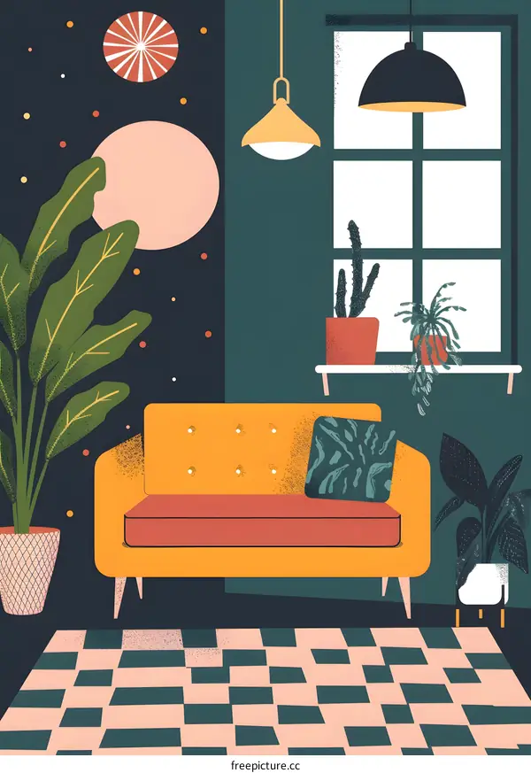 Modern Interior Design with Yellow Sofa and Checkered Rug