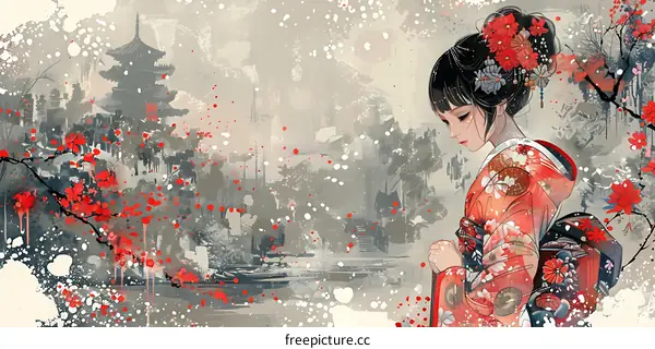 A Japanese Geisha wearing a kimono under a cherry blossom tree