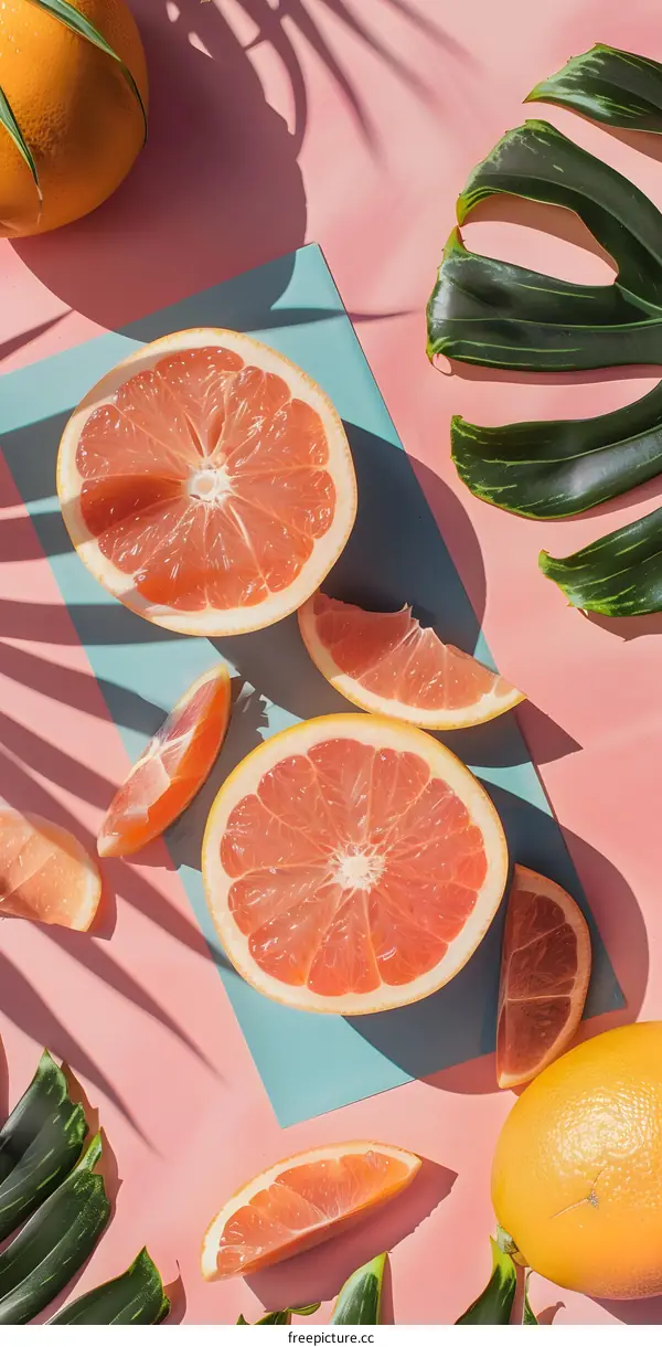 Fresh Grapefruit and Palm Leaves on Blue and Pink Background