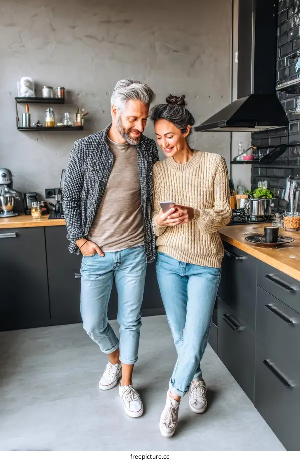 Couple in a Modern Kitchen Looking at a Phone