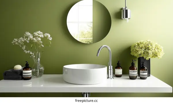 Modern Green Bathroom Sink with Plants and Accessories
