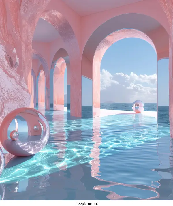 Surreal Pink Seascape with Floating Spheres
