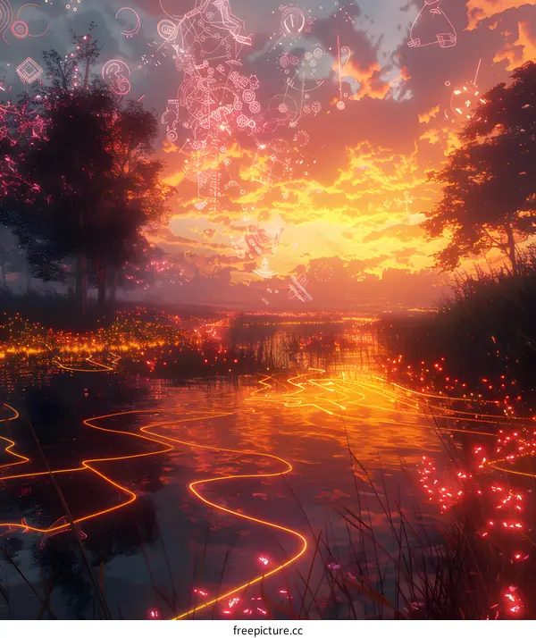 fantasy landscape with glowing river and symbols in the sky