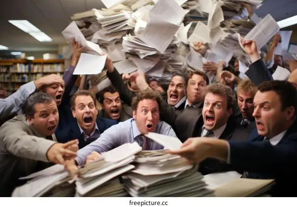 A group of stockbrokers are overwhelmed by a flood of paperwork.