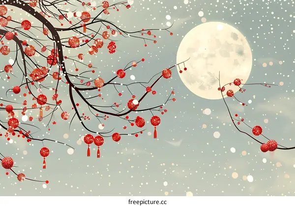 Red Lanterns and Full Moon in Snowy Night